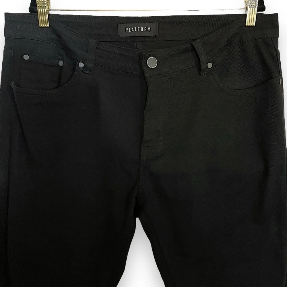 Platform Men’s Jeans 36/30 Modern Classic Slim Stretch Black Denim Ripped Knees